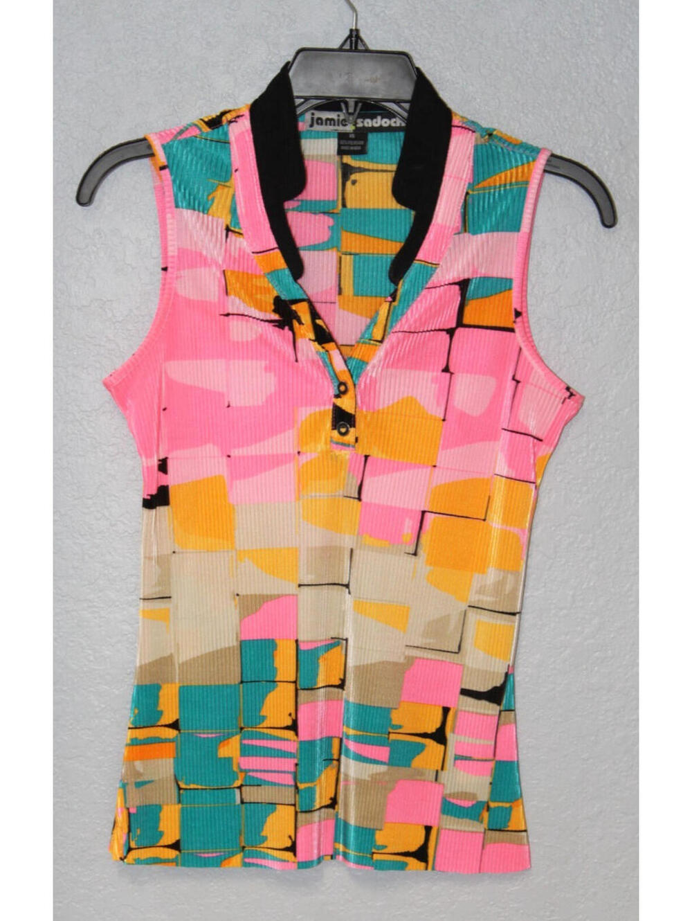 Jamie Sadock Sleeveless Crinkle Ribbed V Neck Snap Button Top Shirt Women XS